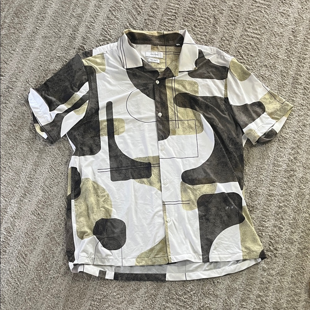 Porter & Ash Abstract Green and Brown Geo Print Short Sleeve Button-Up Shirt XL